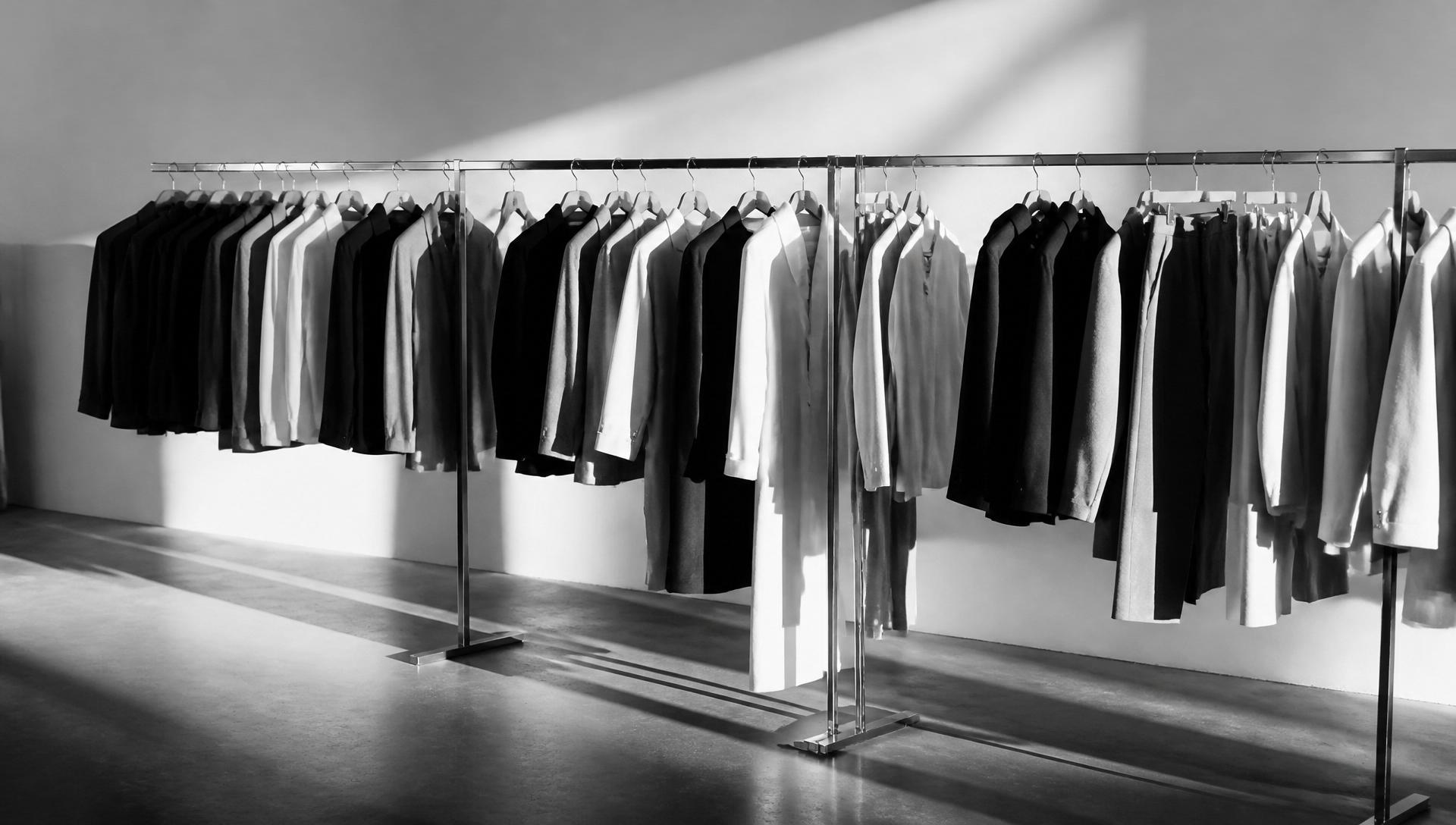 Minimal premium fashion showroom with a chrome garment rack in directional daylight